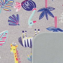 Safari animals (giraffes, zebras, ostriches) on gray background