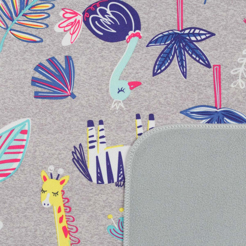 Safari animals (giraffes, zebras, ostriches) on gray background