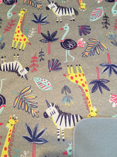 Safari animals (giraffes, zebras, ostriches) on gray background