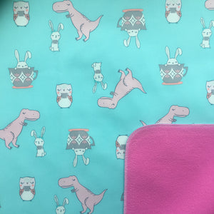Dinos, owls, bunnies on turquoise