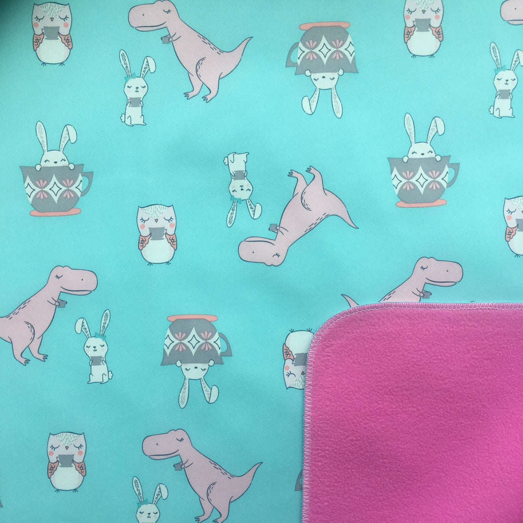 Dinos, owls, bunnies on turquoise