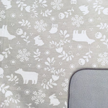 White bears, rabbits, owls on grey background