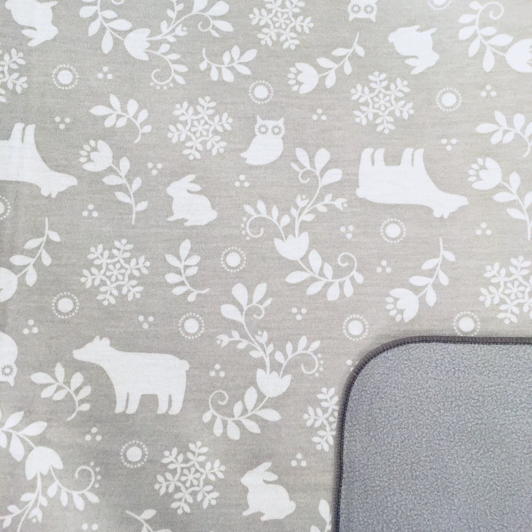 White bears, rabbits, owls on grey background